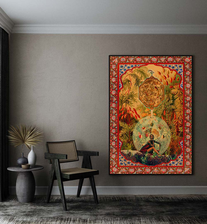 Zodiac Queen By Cosmo Zach Surreal Art Prints Surrealism in Black Plain Frame placed on the wall beside a chair