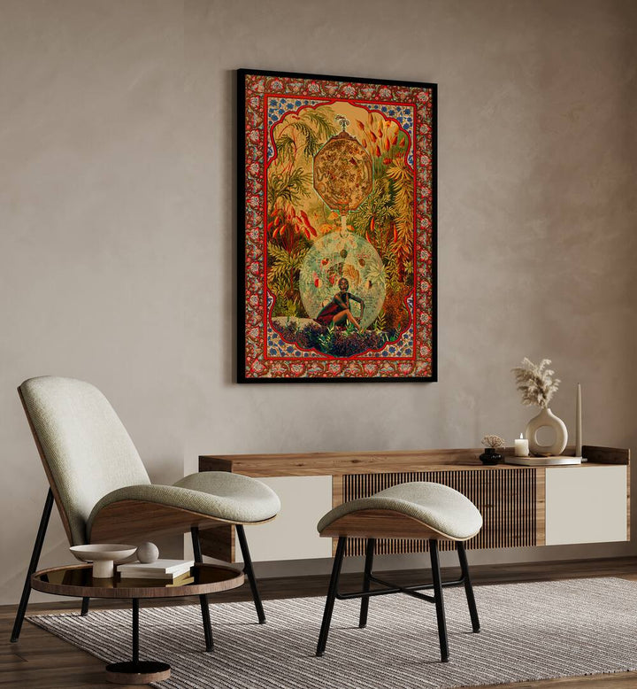 Zodiac Queen By Cosmo Zach Surreal Art Prints Surrealism in Black Plain Frame placed on the wall behind a console table