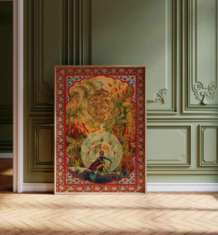 Zodiac Queen By Cosmo Zach Surreal Art Prints Surrealism in Oak Wood Plain Frame placed on the floor beside a window