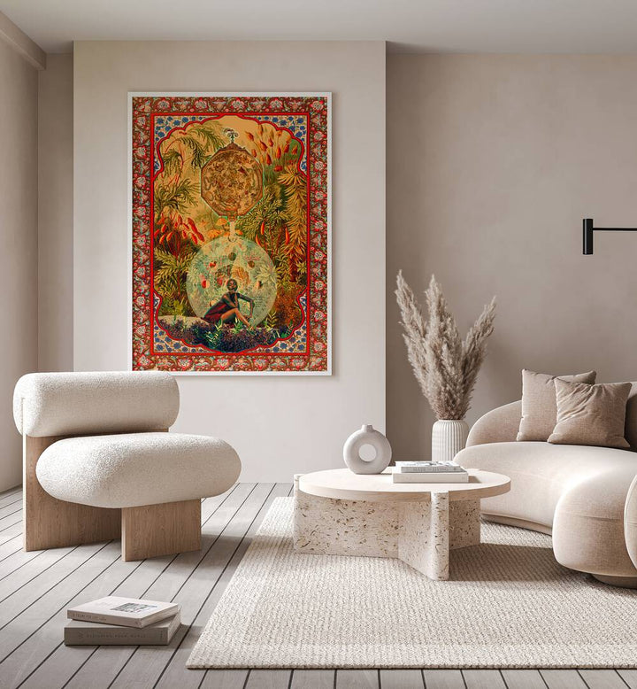 Zodiac Queen By Cosmo Zach Surreal Art Prints Surrealism in White Plain Frame placed on the wall behind a sofa