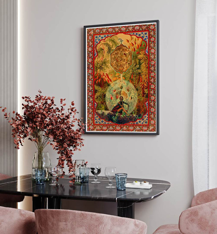 Zodiac Queen By Cosmo Zach Surreal Art Prints Surrealism in Black Plain Frame placed on the wall behind a dining table