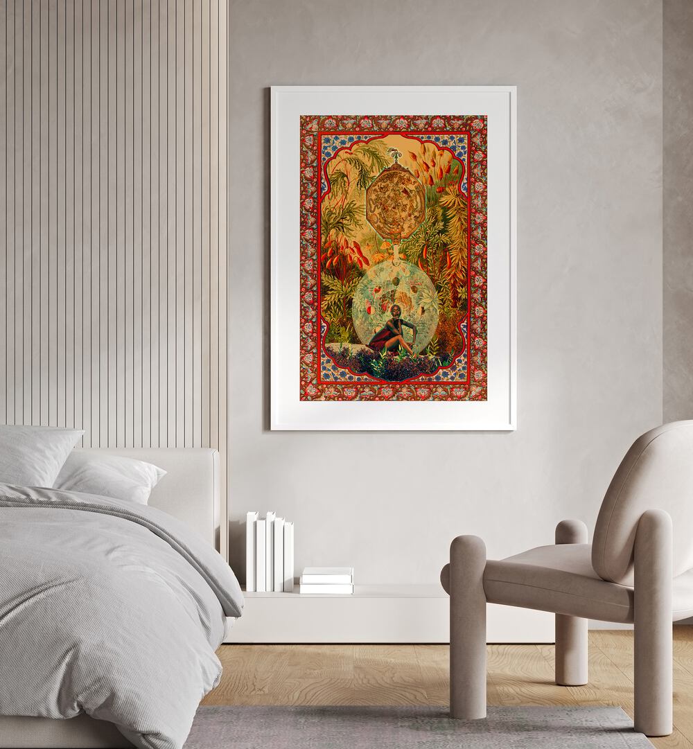 Zodiac Queen By Cosmo Zach Surreal Art Prints Surrealism in White Frame With Mount placed on the wall beside a bed for bedroom