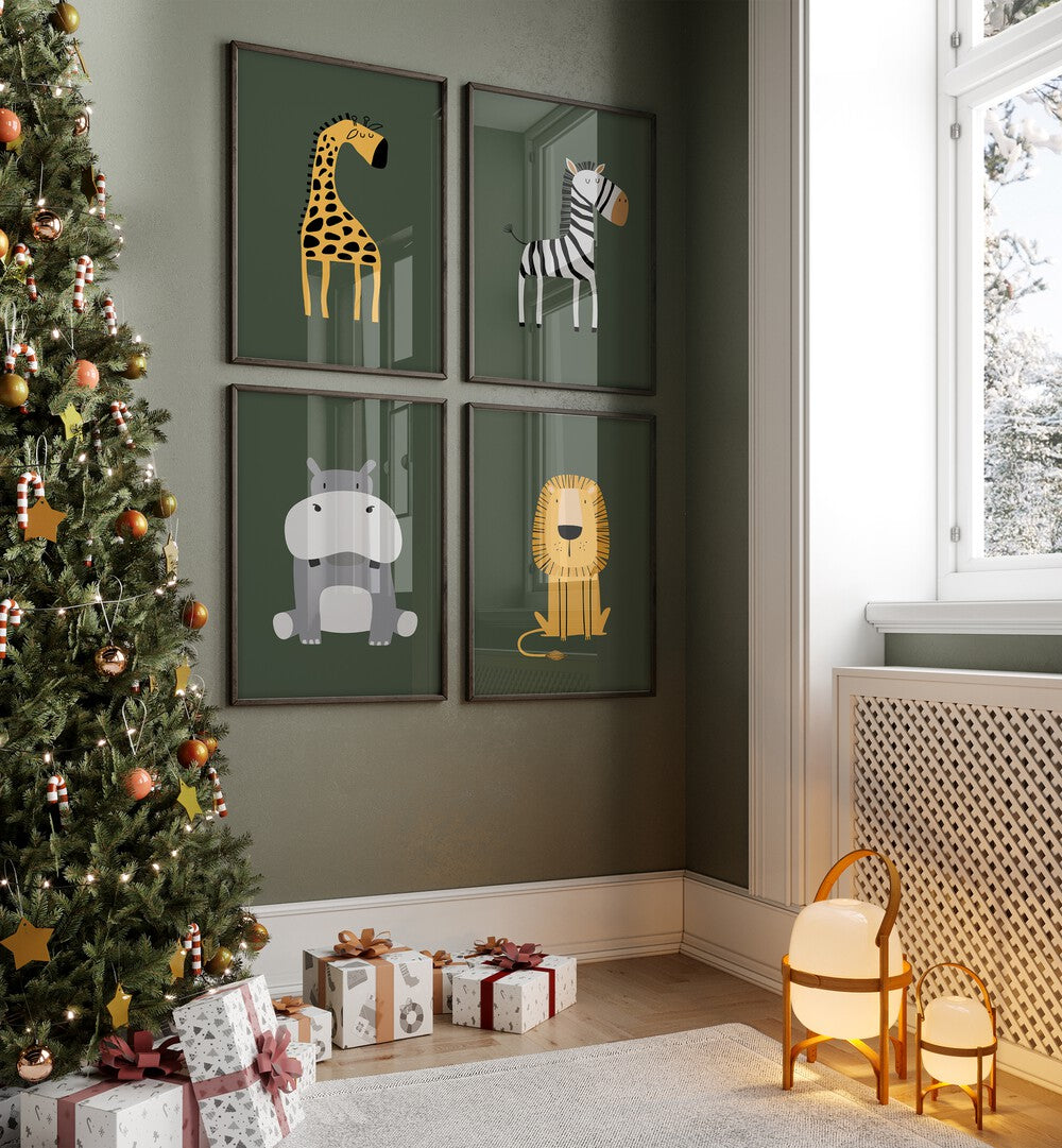 Colorful ZOO GALLERY WALL featuring zebra, giraffe, and lion prints, perfect for stylish GALLERY WALLS in any home.