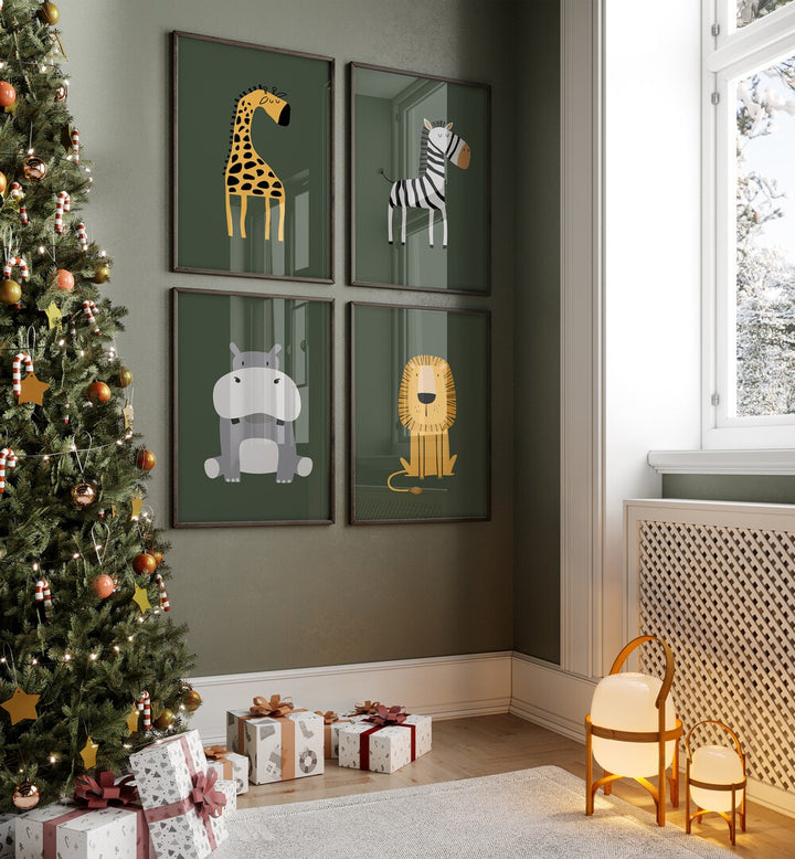 Colorful ZOO GALLERY WALL featuring zebra, giraffe, and lion prints, perfect for stylish GALLERY WALLS in any home.
