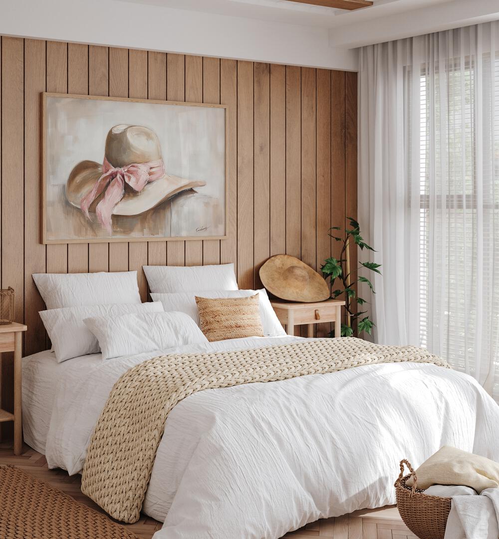 Stylish bedroom featuring vibrant wall art, "A BEIGE HAT I, VIBRANT," enhancing the cozy decor.