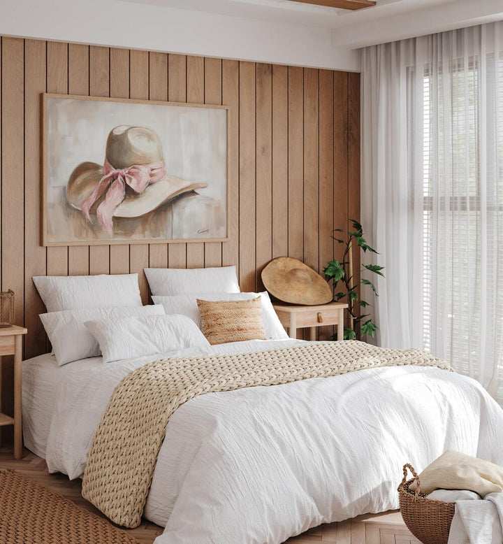 Stylish bedroom featuring vibrant wall art, "A BEIGE HAT I, VIBRANT," enhancing the cozy decor.