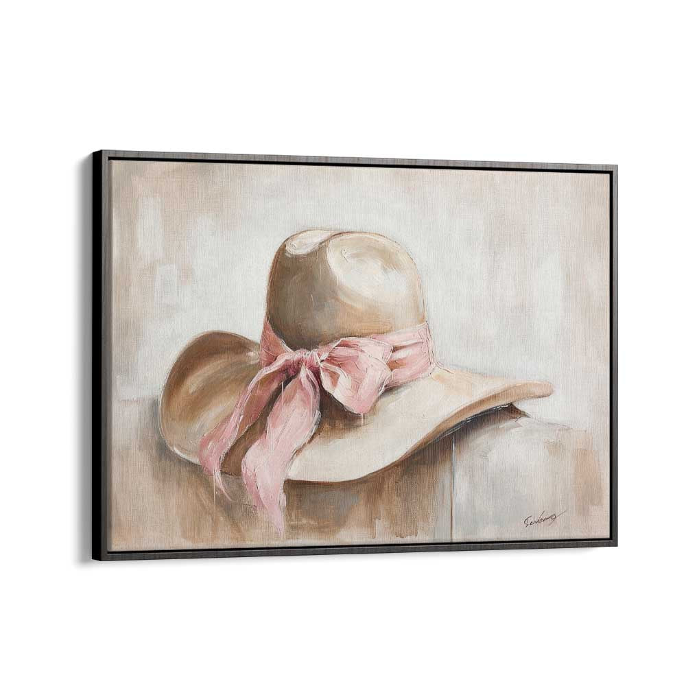 A BEIGE HAT I, VIBRANT art print featuring a stylish beige hat with a pink ribbon, perfect for enhancing your decor.