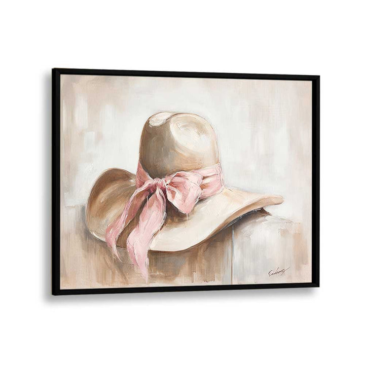 A BEIGE HAT I, VIBRANT art print showcasing a stylish hat with a pink ribbon, perfect for any decor.