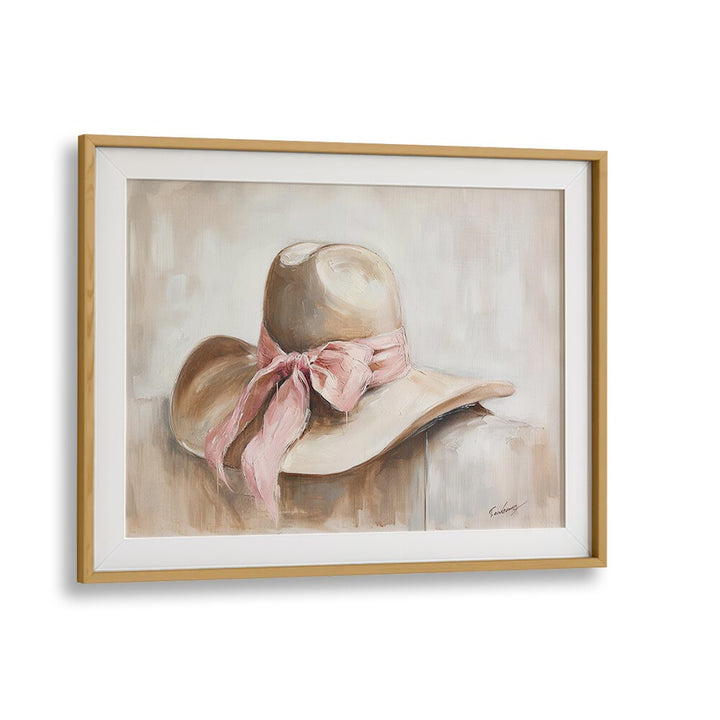 Vibrant art print of "A BEIGE HAT I," featuring a stylish beige hat framed in oak, perfect for any decor.