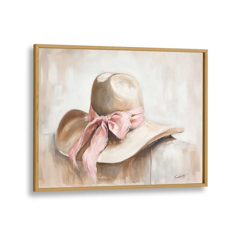 Vibrant art print of "A BEIGE HAT I," framed in oak, perfect for adding style to any space.