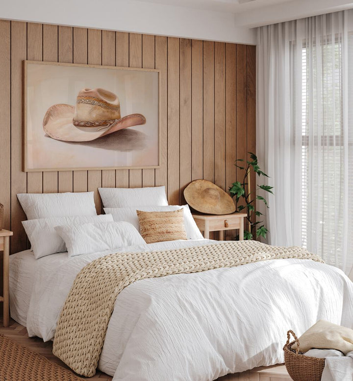 Vibrant artwork featuring "A BEIGE HAT III," enhancing stylish interiors with elegance and charm.