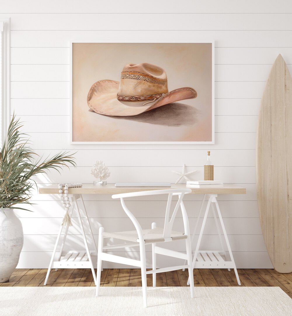Stylish decor featuring "A BEIGE HAT III, VIBRANT" art print, perfect for enhancing any space's elegance.