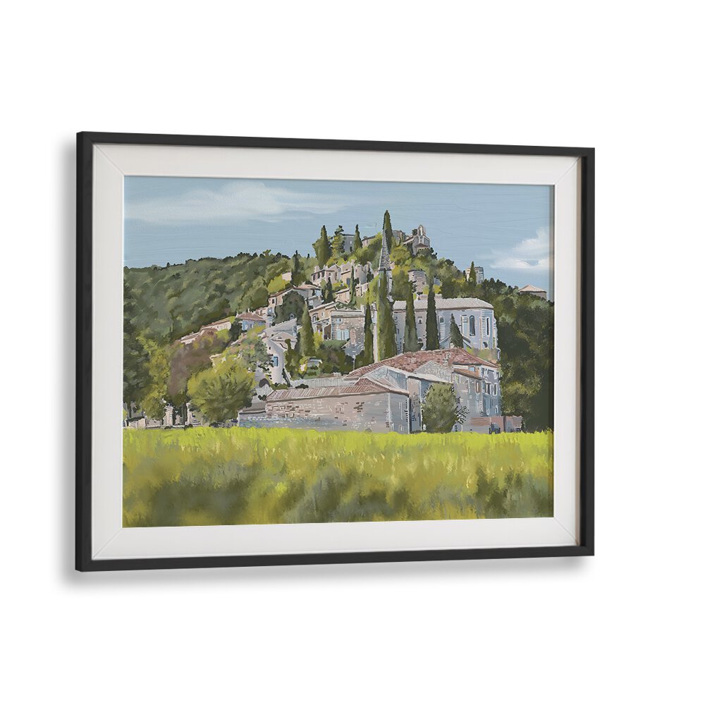 A YESA Landscape Paintings framed art print showcasing serene hills and charming architecture, perfect for home decor.