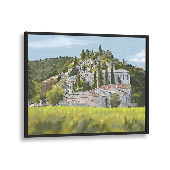 A YESA, LANDSCAPE PAINTINGS in a black frame showcases a serene hillside village with lush greenery.