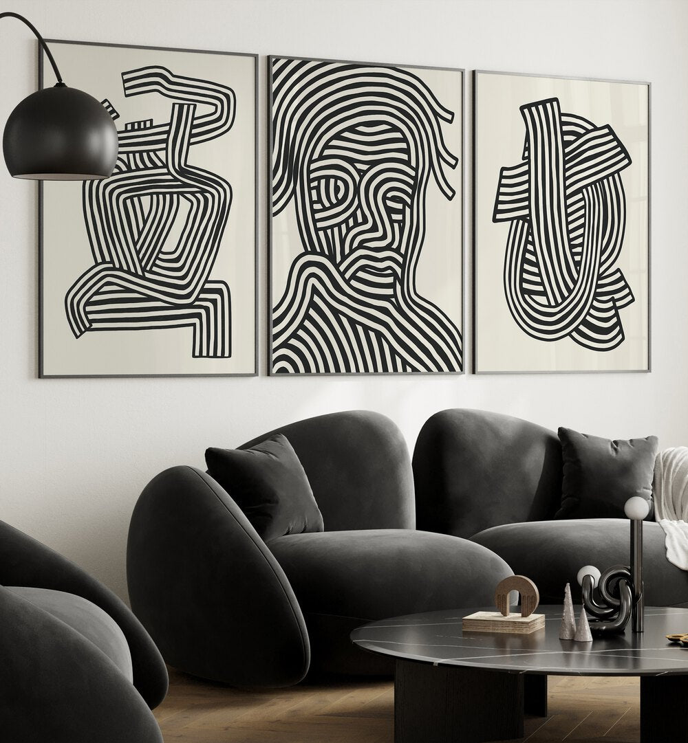 Sophisticated abstract art featuring the ABSTRACT LINES INFINITY, SET OF 3 PAINTINGS, perfect for modern decor.
