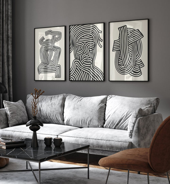 Sophisticated living room featuring ABSTRACT LINES INFINITY, SET OF 3 PAINTINGS with striking line art designs.
