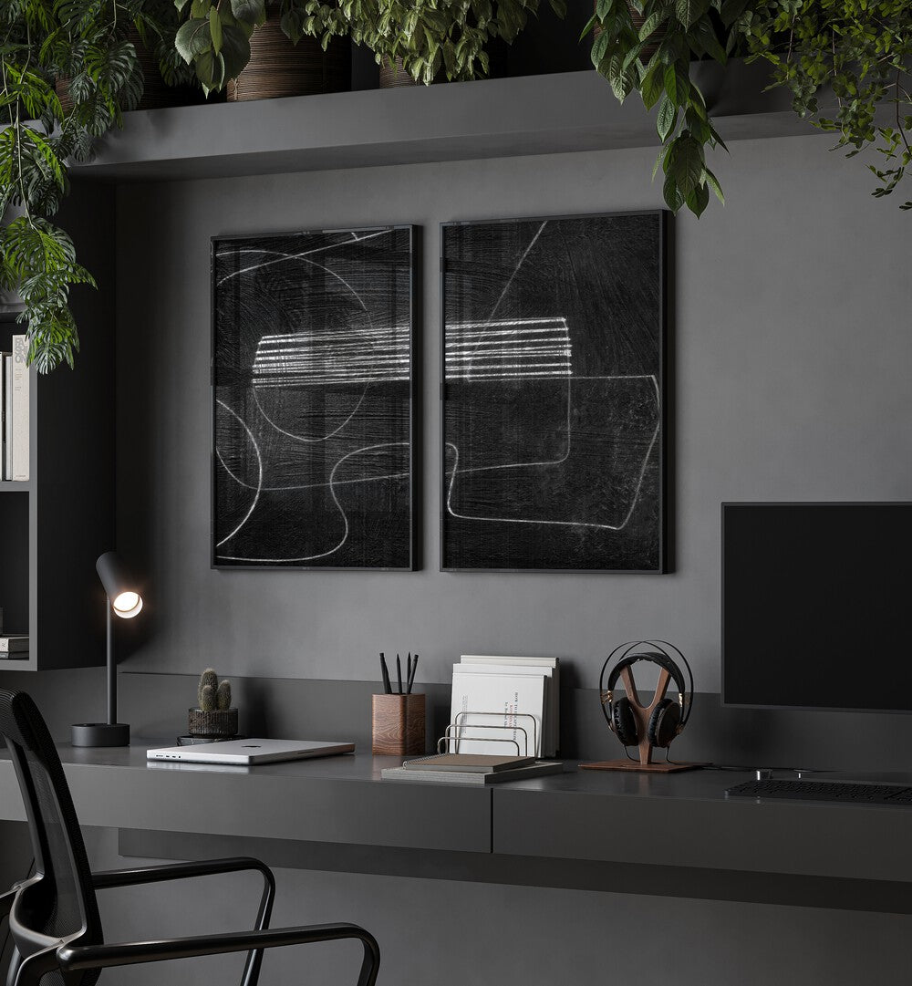 Elevate your space with the ABSTRACTION BLACK SET, SET OF 2 PAINTINGS, showcasing modern abstract art for any room.