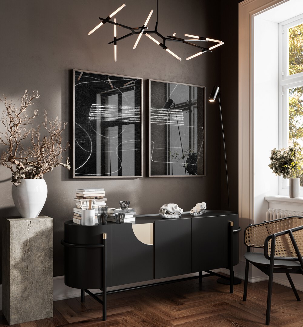 Elevate your decor with the ABSTRACTION BLACK SET, SET OF 2 PAINTINGS, blending modern sophistication seamlessly.