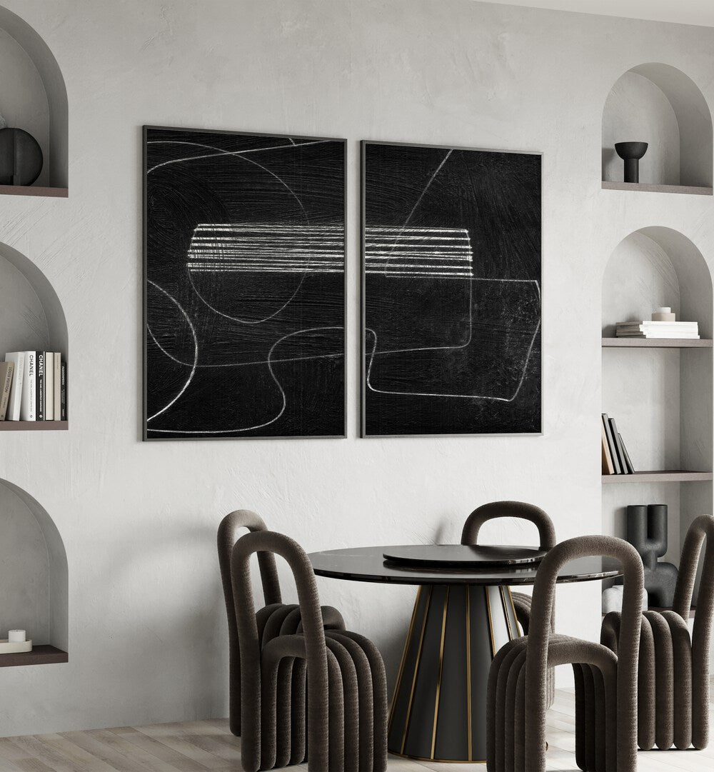 Sophisticated ABSTRACTION BLACK SET, SET OF 2 PAINTINGS elevates modern living spaces with captivating abstract art.