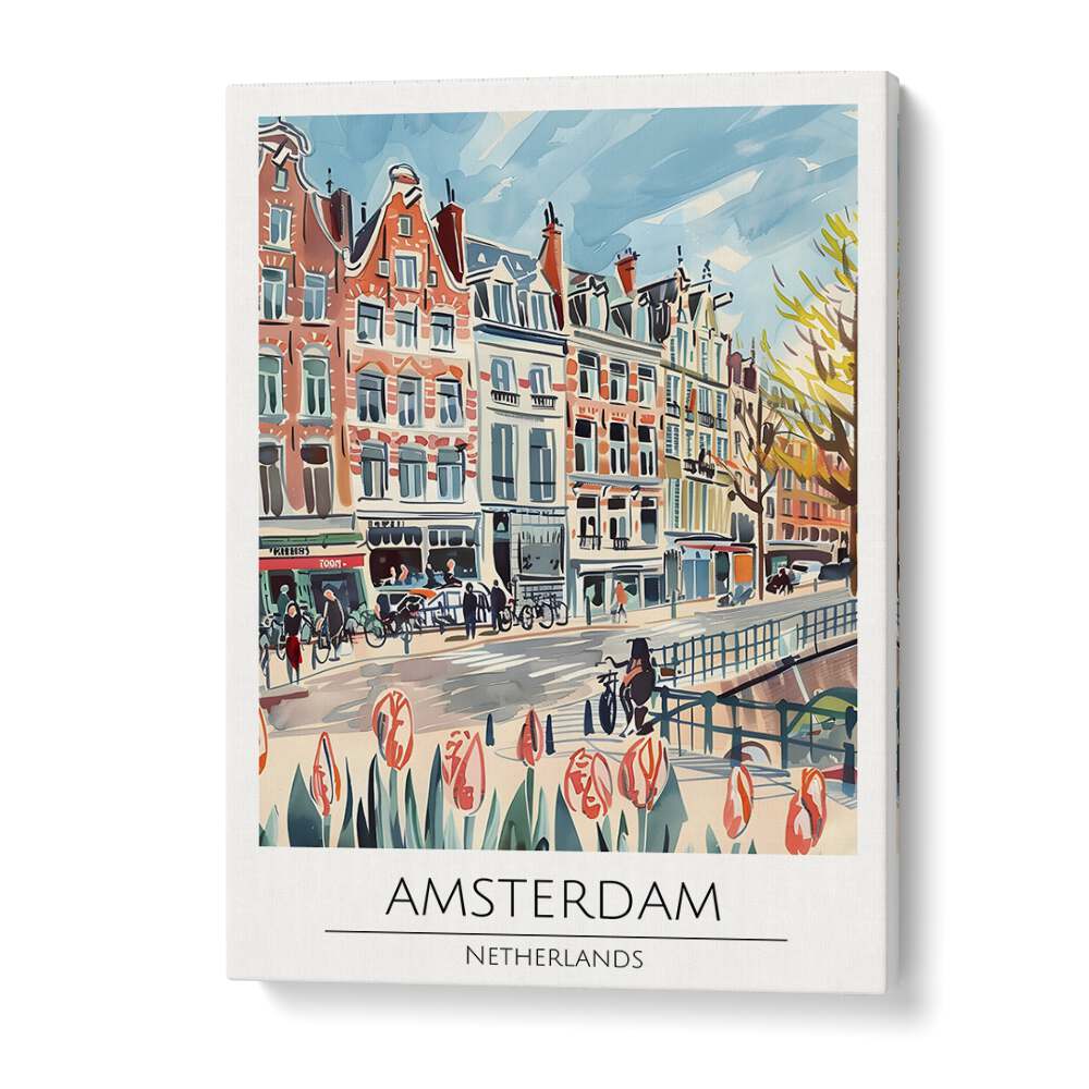 Stunning AMSTERDAM - NETHERLANDS, TRAVEL POSTERS showcasing vibrant architecture and tulips, perfect for any art lover.