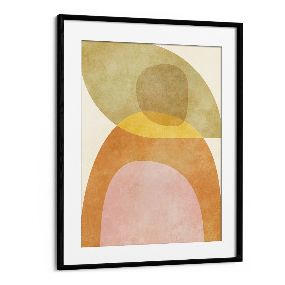 AQUA SHAPES II KOPIE, ABSTRACT PAINTINGS by Ana Rut Bre features vibrant shapes in a modern black frame.