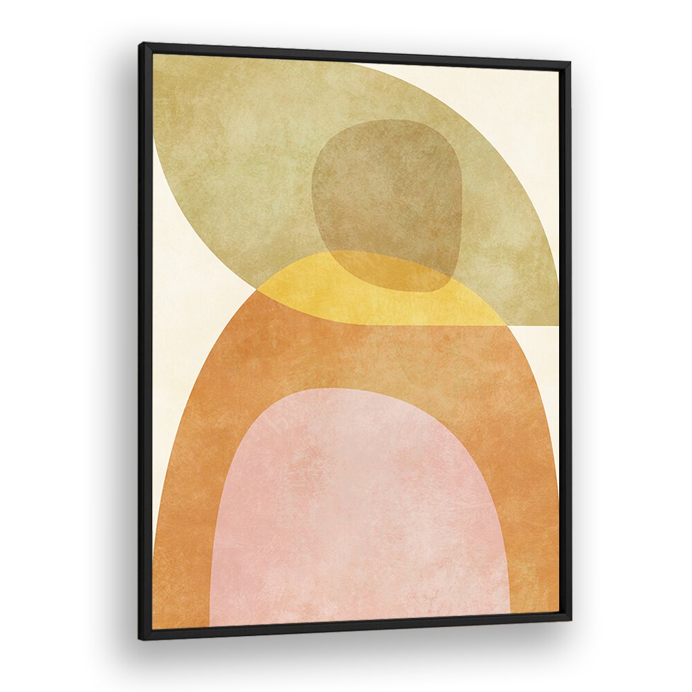 AQUA SHAPES II KOPIE, ABSTRACT PAINTINGS by Ana Rut Bre features colorful, modern shapes in a sleek black frame.