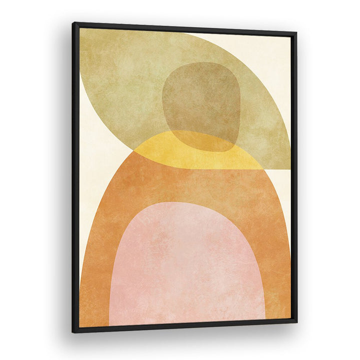 AQUA SHAPES II KOPIE, ABSTRACT PAINTINGS by Ana Rut Bre features colorful, modern shapes in a sleek black frame.