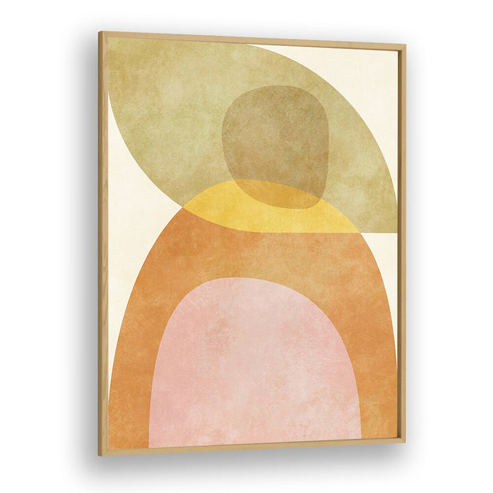 AQUA SHAPES II KOPIE, ABSTRACT PAINTINGS by Ana Rut Bre features vibrant shapes in a stylish oak frame.