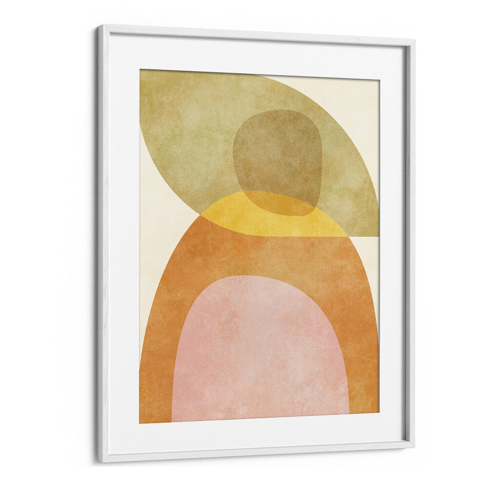 AQUA SHAPES II KOPIE, ABSTRACT PAINTINGS in a modern white frame, showcasing vibrant colors and shapes for stylish decor.