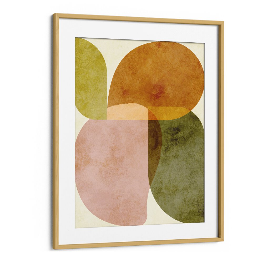 Aqua Shapes III Kopie, abstract paintings by Ana Rut Bre, featuring vibrant colors in a stylish oak frame.