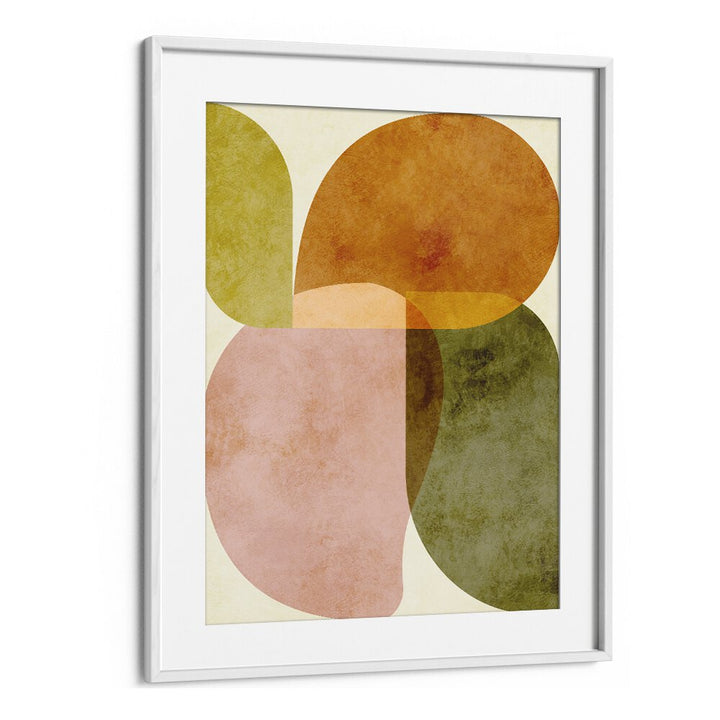 Aqua Shapes III Kopie, abstract paintings by Ana Rut Bre, feature vibrant shapes in a stylish white frame.