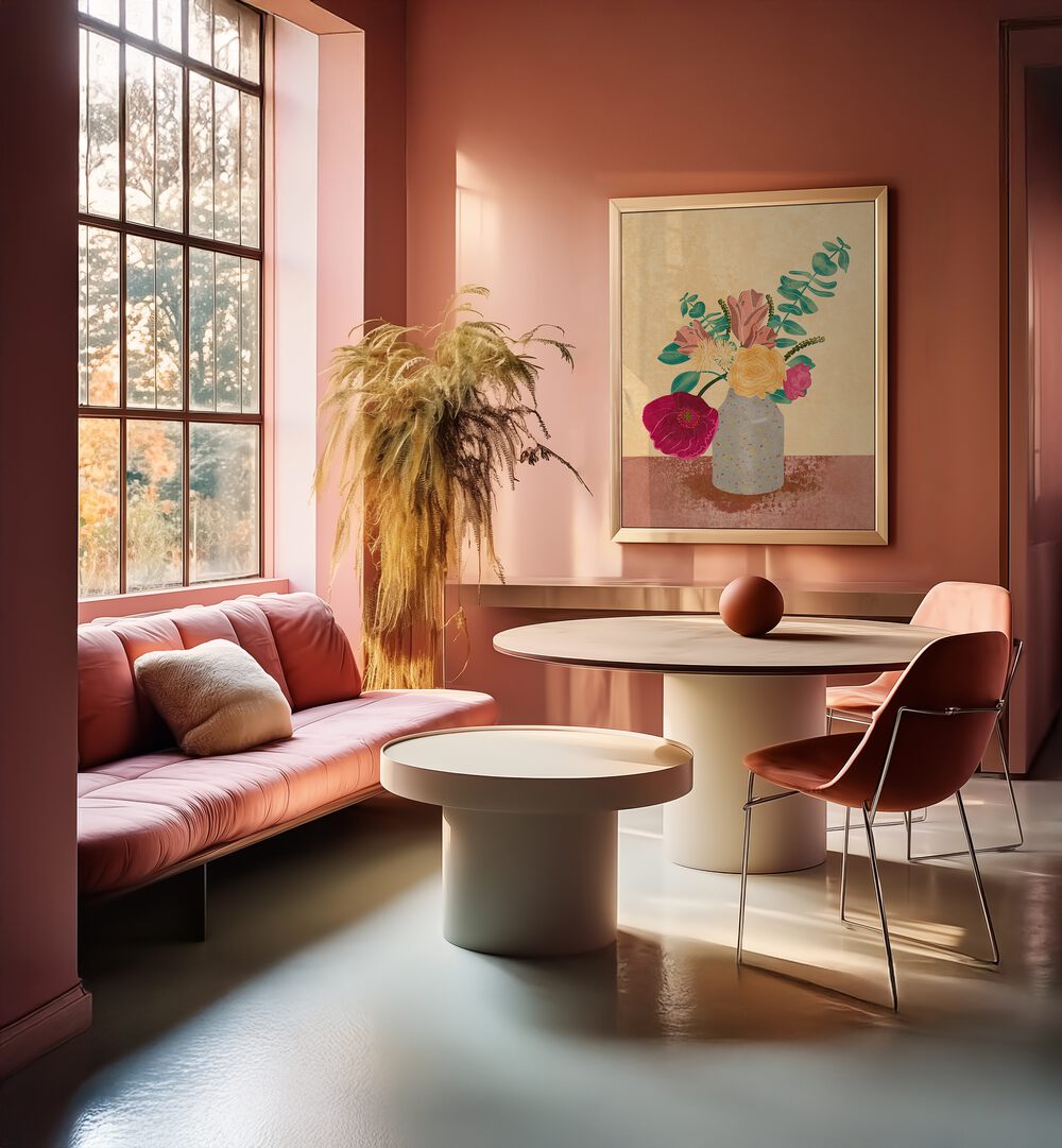 Brightly colored ARRANGED FLOWERS, FLORAL FLOWER PAINTINGS by Raissa Oltmanns enhance a stylish, modern interior.