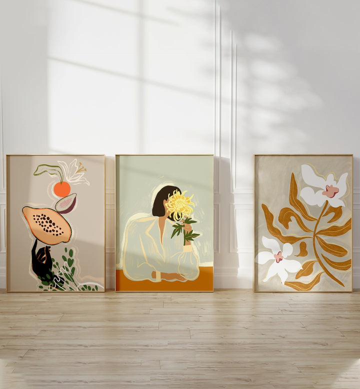 Transform your space with the ARTY GUAVA ARTWORKS SET II, SET OF 3 PAINTINGS, showcasing vibrant botanical designs.