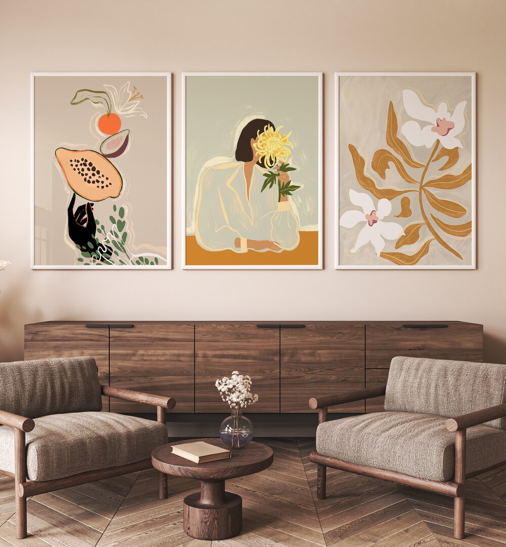 Transform your space with the ARTY GUAVA ARTWORKS SET II, SET OF 3 PAINTINGS featuring vibrant botanical designs.
