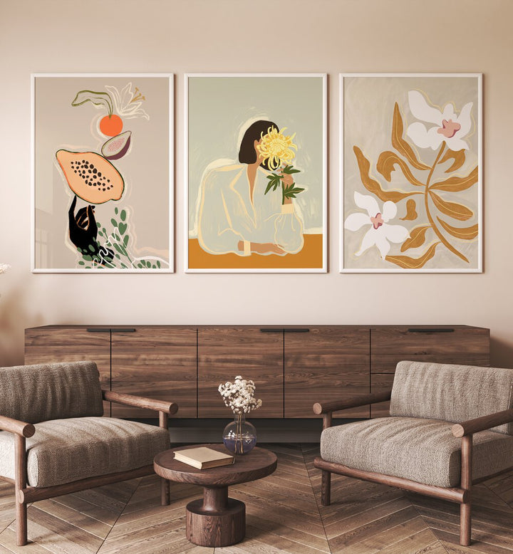 Transform your space with the ARTY GUAVA ARTWORKS SET II, SET OF 3 PAINTINGS featuring vibrant botanical designs.