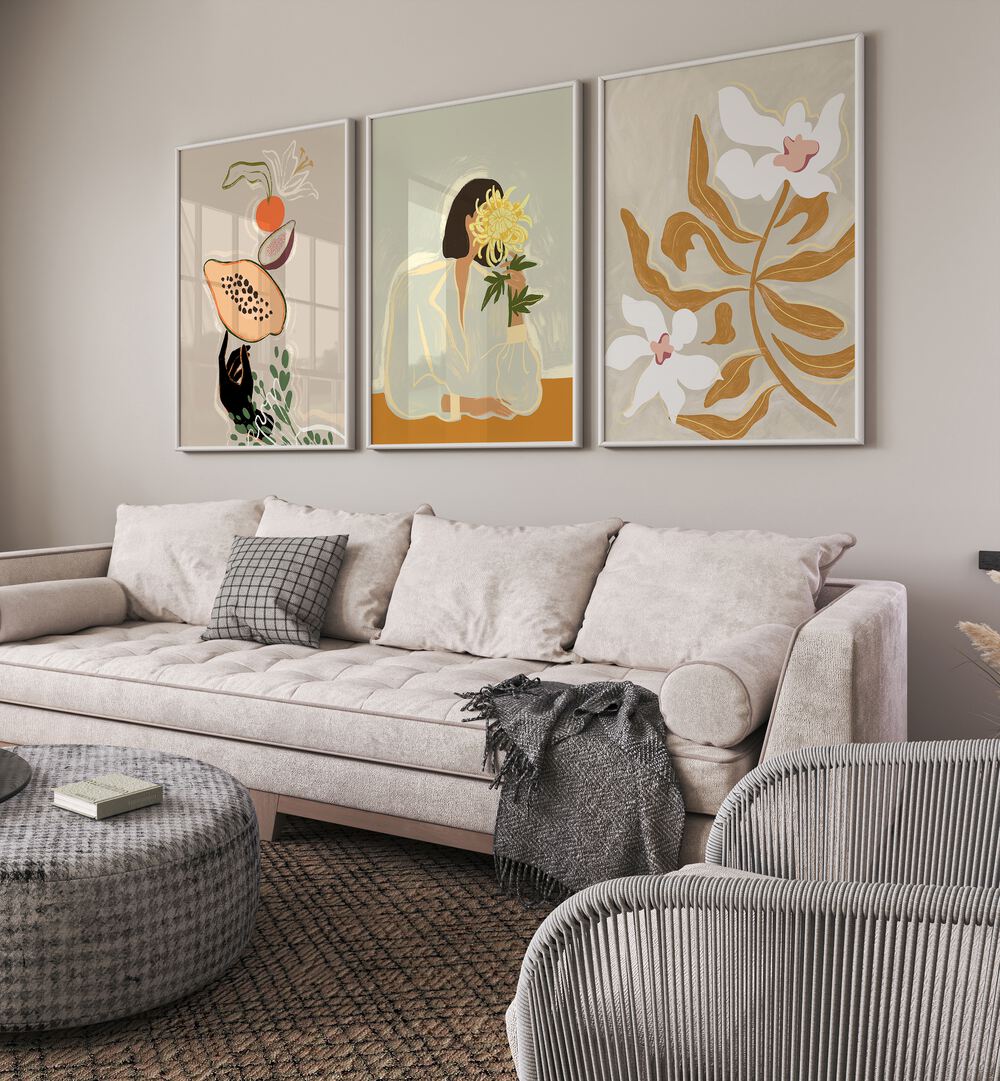 Vibrant living room featuring ARTY GUAVA ARTWORKS SET II, SET OF 3 PAINTINGS, perfect for a botanical paradise.