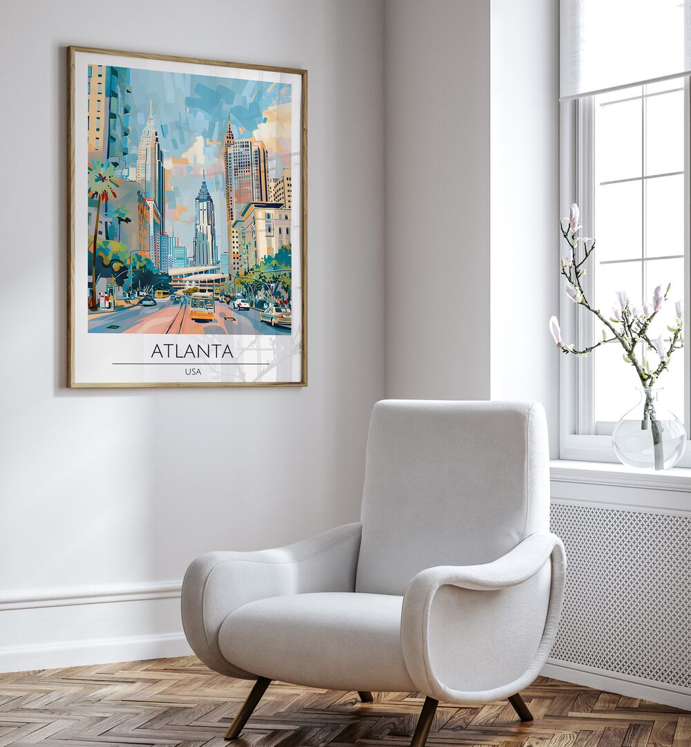 Stylish ATLANTA - USA, TRAVEL POSTERS adorn a modern room, showcasing the city's vibrant culture and charm.