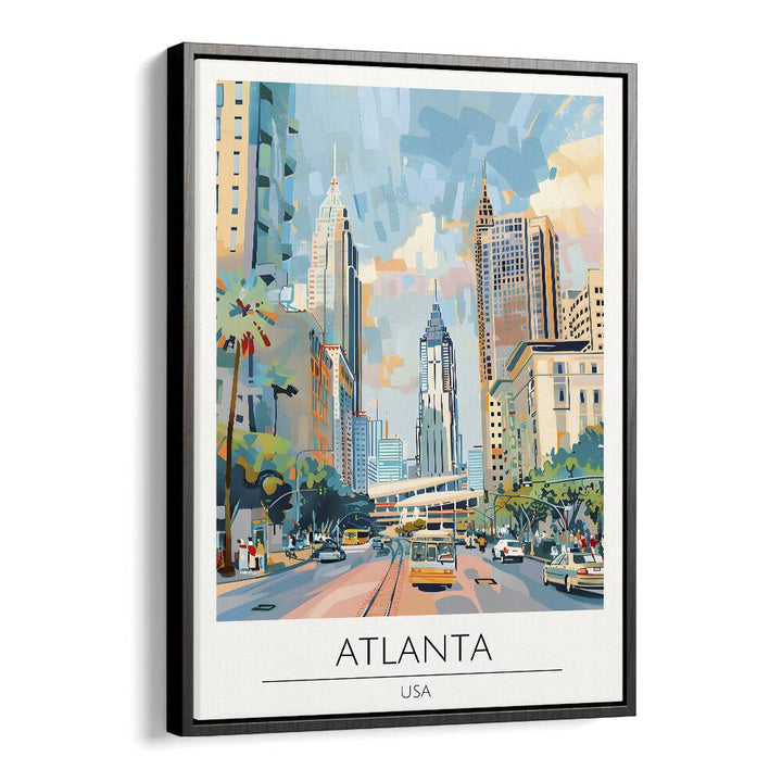 Vibrant ATLANTA - USA, TRAVEL POSTERS in a stylish black floater frame, perfect for home decor and wanderlust.