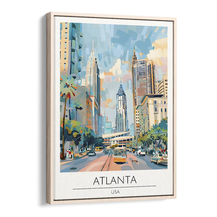 Vibrant ATLANTA - USA, TRAVEL POSTERS in an oak wood frame, perfect for transforming your space and sparking wanderlust.