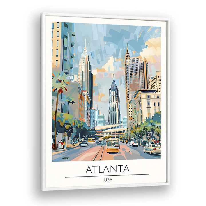 Stylish ATLANTA - USA, TRAVEL POSTERS in a white frame, showcasing the vibrant cityscape and unique culture of Georgia.