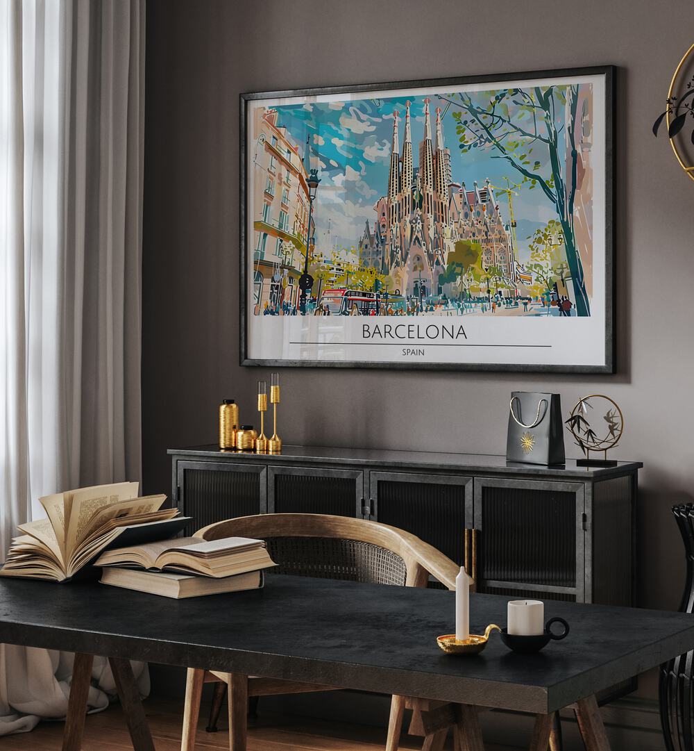 Vibrant BARCELONA - SPAIN II, TRAVEL POSTERS art print showcasing iconic architecture and lively city atmosphere.