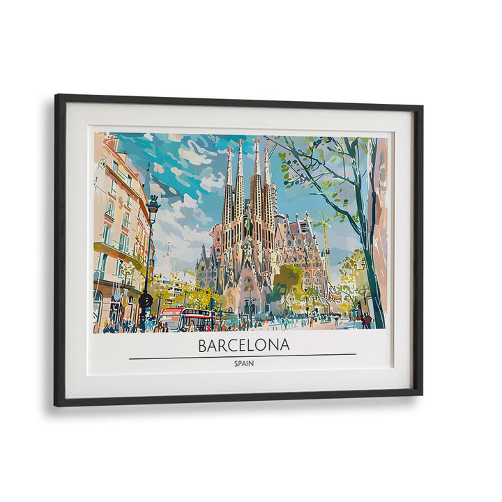 Vibrant BARCELONA - SPAIN II, TRAVEL POSTERS art print showcasing iconic architecture in a stylish black frame.