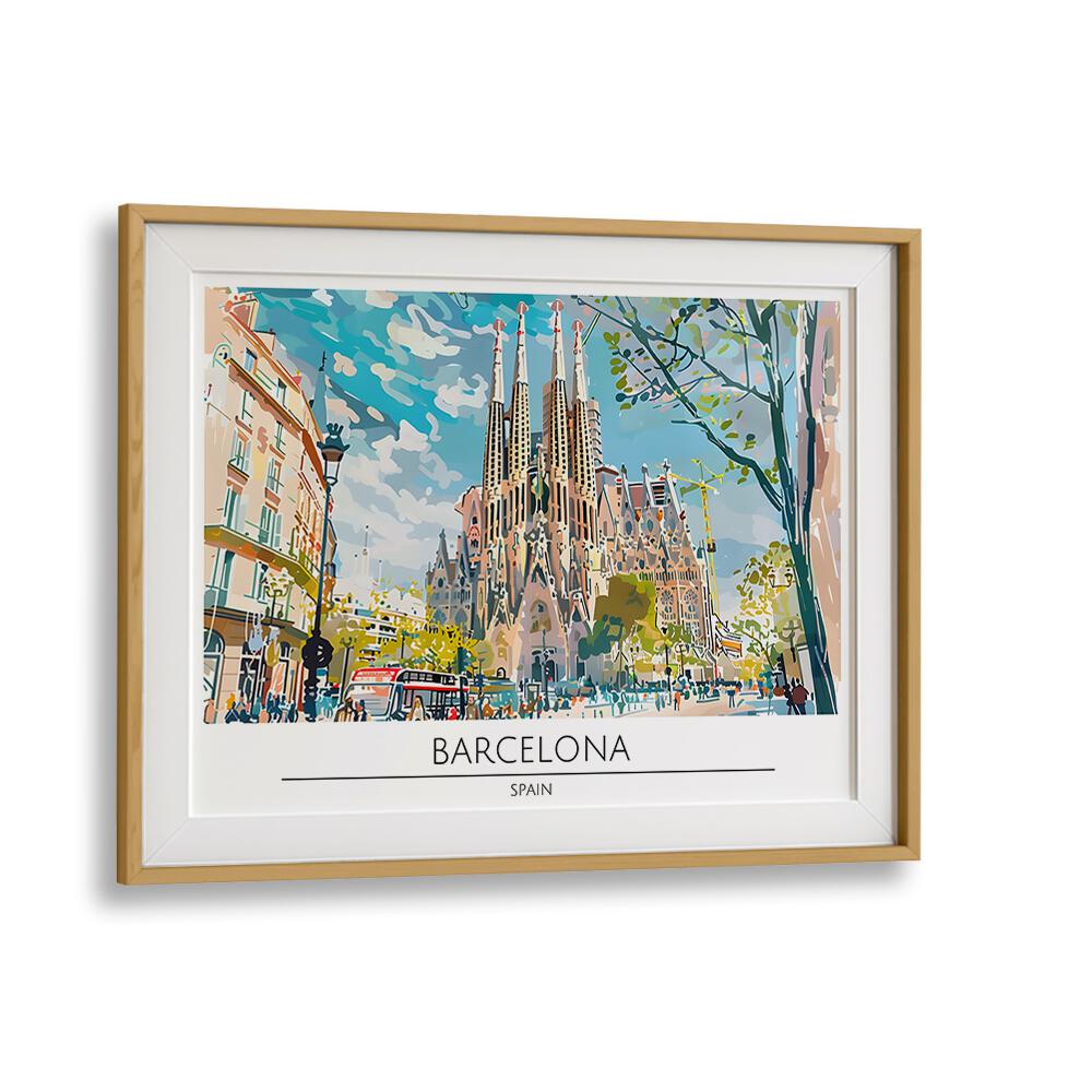 Stunning BARCELONA - SPAIN II, TRAVEL POSTERS in an oak frame, showcasing the city's vibrant architecture and culture.