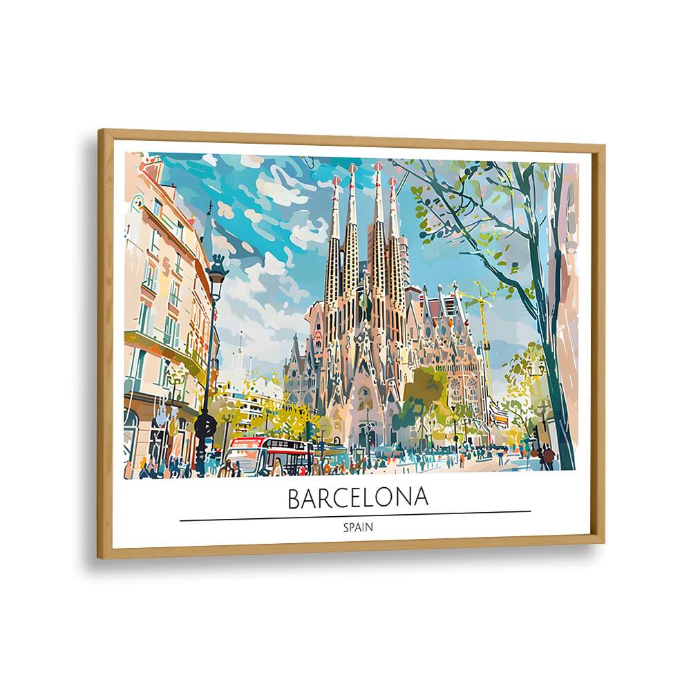 Vibrant BARCELONA - SPAIN II , TRAVEL POSTERS in oak frame, showcasing the city's iconic architecture and lively atmosphere.