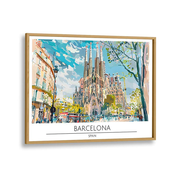 Vibrant BARCELONA - SPAIN II , TRAVEL POSTERS in oak frame, showcasing the city's iconic architecture and lively atmosphere.