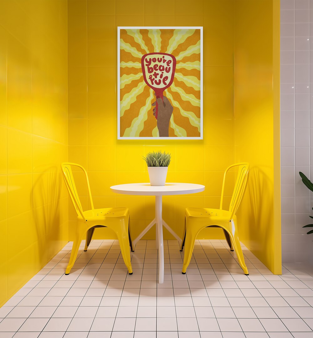 Bright yellow space featuring "You're beautiful" poster, perfect for home decor. Explore BEAUTIFUL, QUOTES collection today!