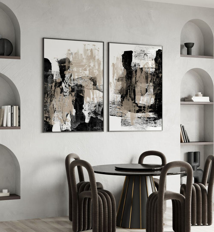 Stylish BEIGE AND BLACK ABSTRACT STROKES SET, SET OF 2 PAINTINGS enhancing modern interiors with vibrant artistry.