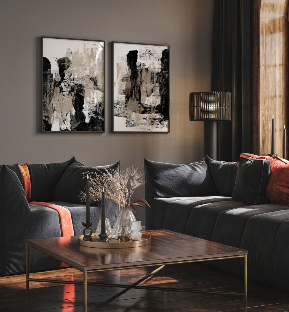 Stylish BEIGE AND BLACK ABSTRACT STROKES SET, SET OF 2 PAINTINGS enhances modern decor with bold strokes and soft tones.