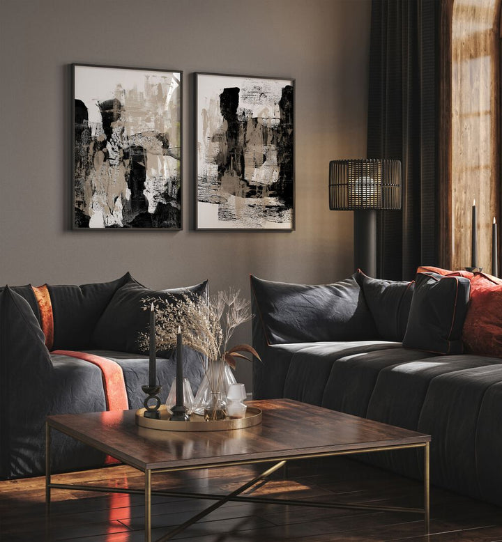 Stylish BEIGE AND BLACK ABSTRACT STROKES SET, SET OF 2 PAINTINGS enhances modern decor with bold strokes and soft tones.