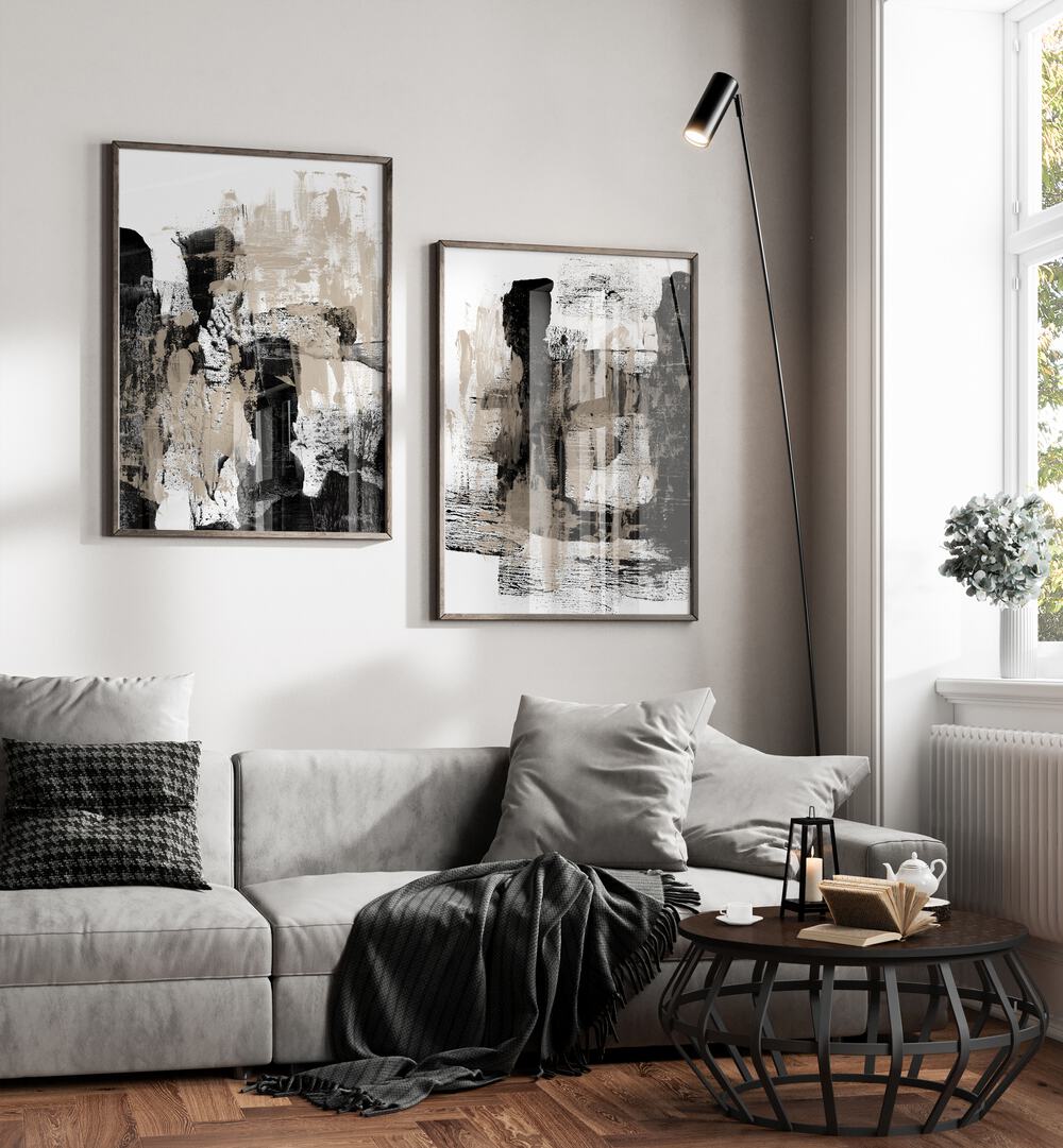 BEIGE AND BLACK ABSTRACT STROKES SET, SET OF 2 PAINTINGS adds contemporary elegance to any living space.